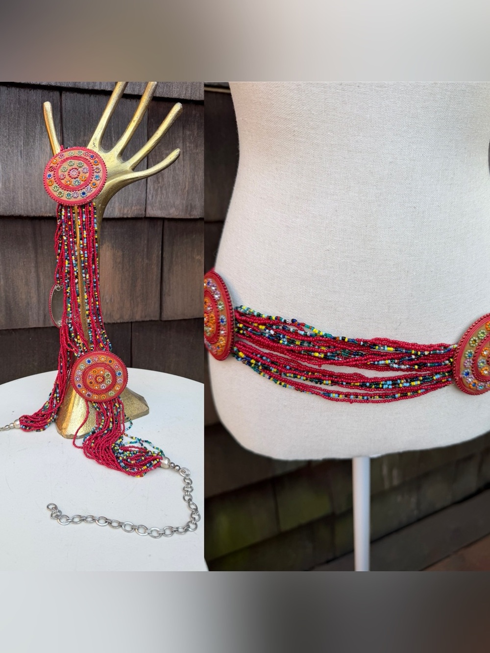 Boho beaded strands hip belt with round disc and chain attachment fits 36-41”.